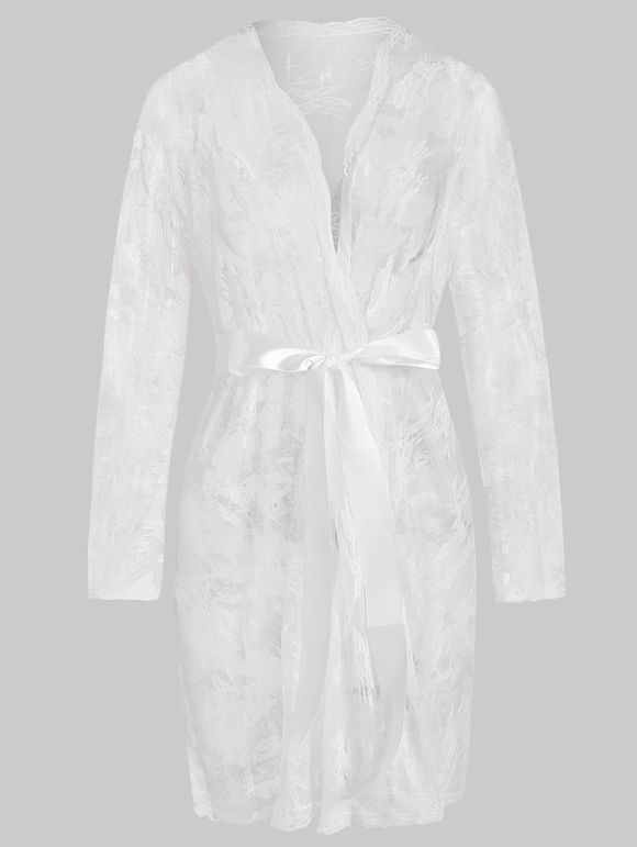 Robe Lingerie Enveloppée Panneau en Dentelle Transparente de Grande Taille - Blanc 5X