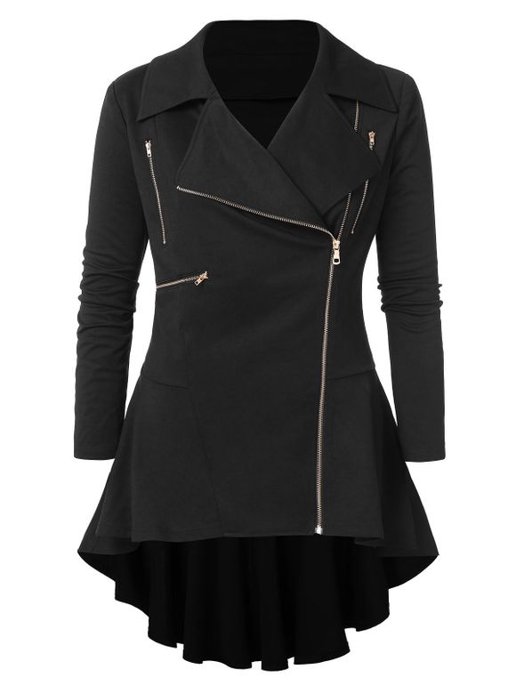 Manteau Haut Bas Embelli de Zip Grande Taille Col à Revers - Noir 3X