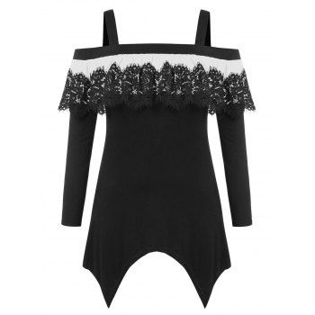

Plus Size Cold Shoulder Ruffled Asymmetrical T-shirt, Black