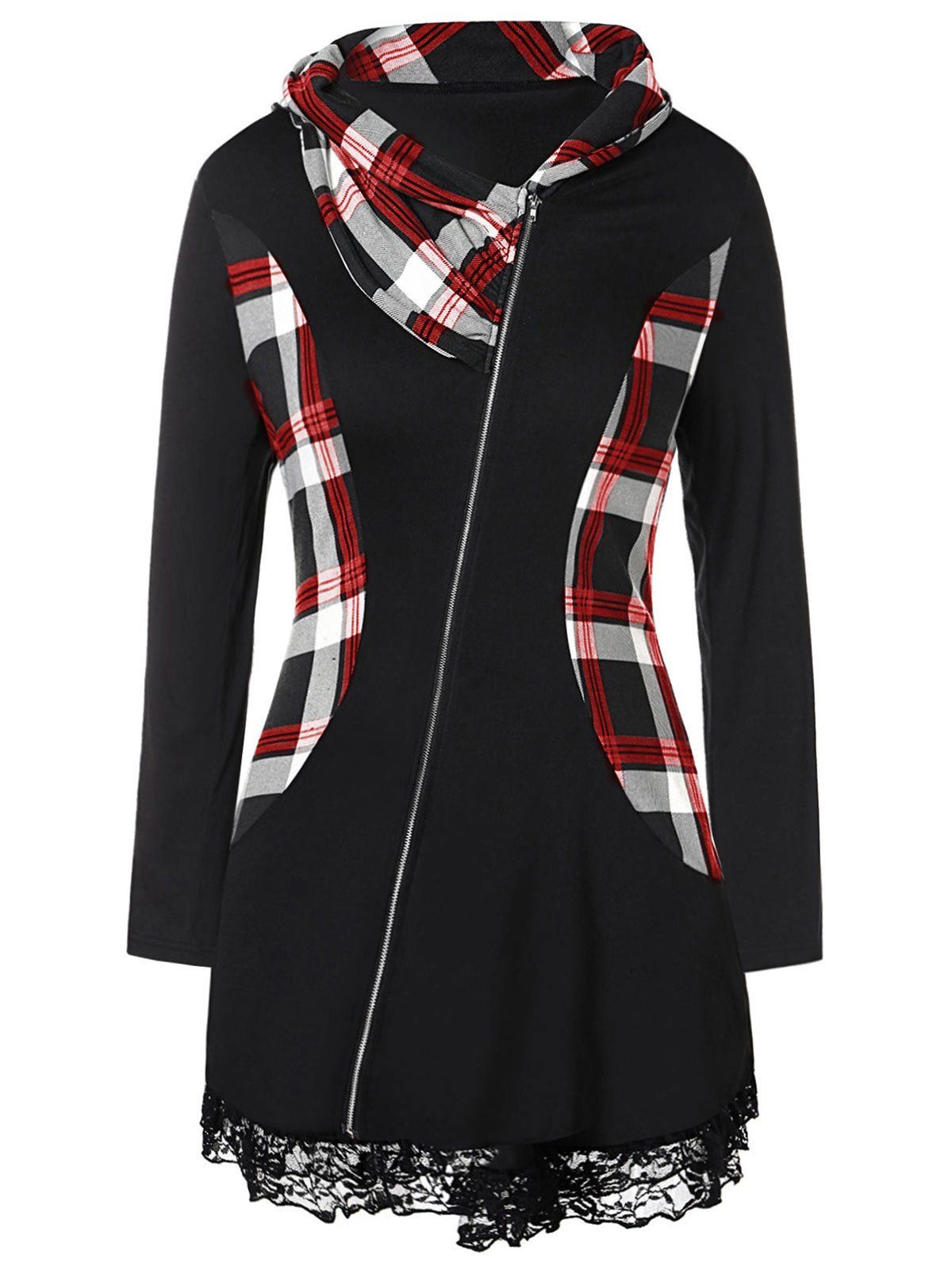 

Plus Size Lace Insert Plaid Splicing Zip Fly Coat, Red