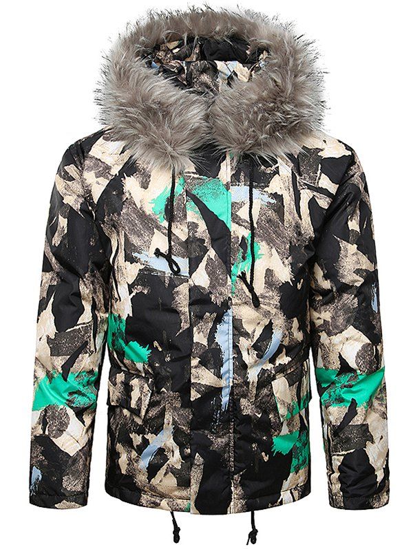 

Paint Splatter Fur Hooded Drawstring Design Padded Jacket, Aquamarine