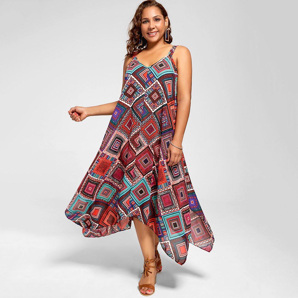 

Plus Size Spaghetti Strap Geometric Print Handkerchief Dress, Multi