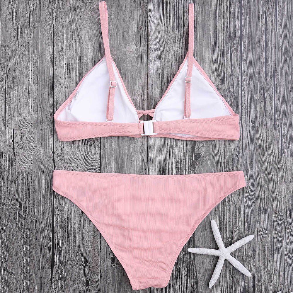 

Criss Cross Spaghetti Strap Texture Bikini Set, Pink