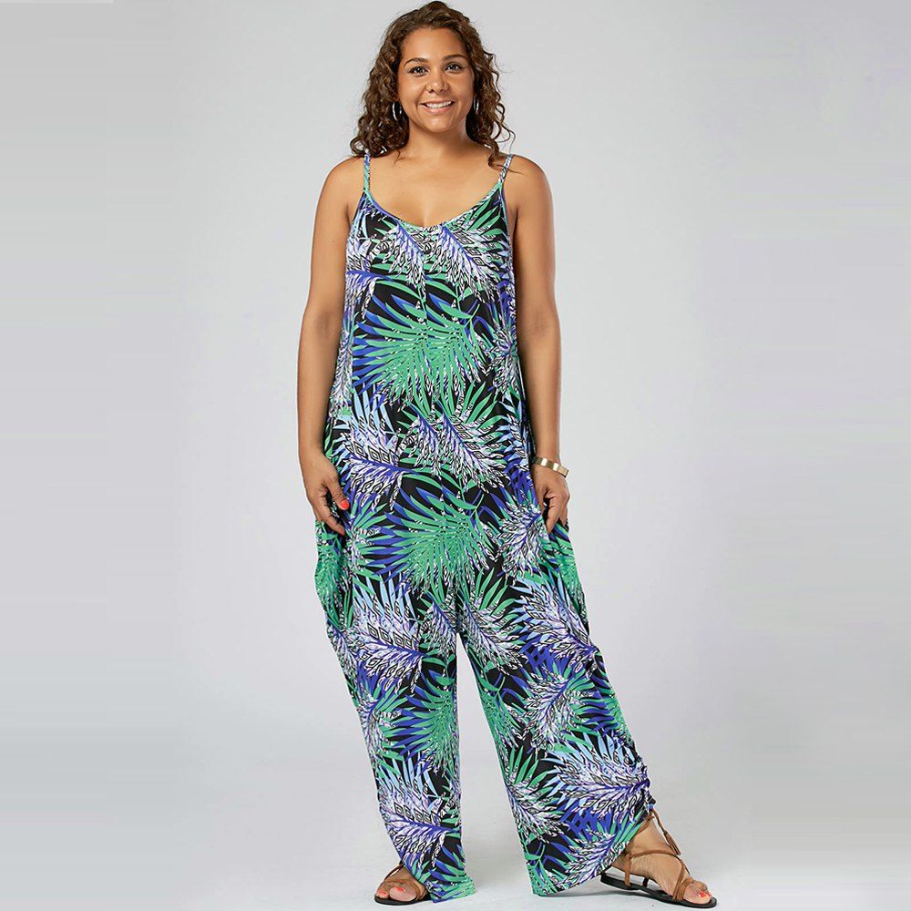 

Plus Size Tropical Print Spaghetti Strap Baggy Jumpsuit, Green
