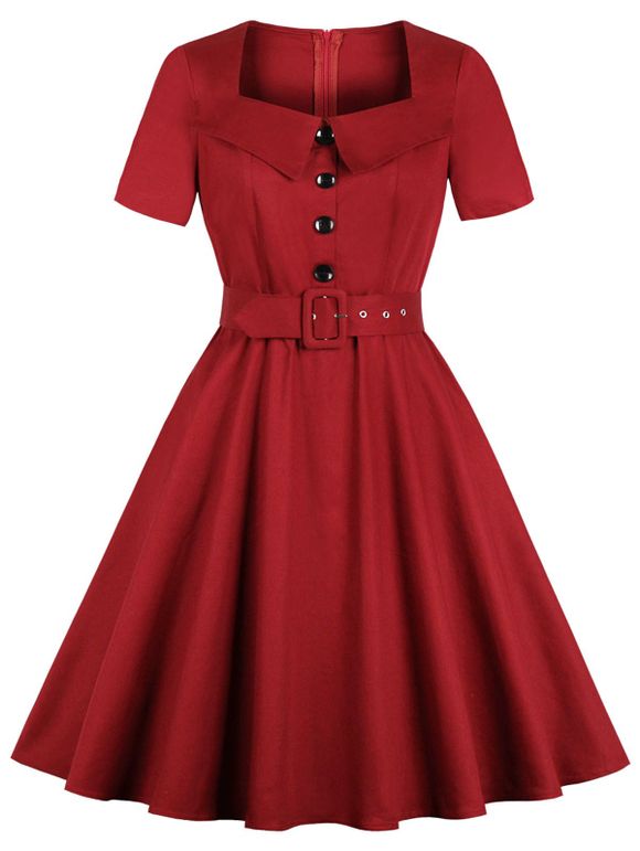 Robe Vintage Ajustée Evasée avec Boutons - Rouge Vineux L