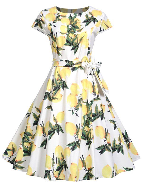 Vintage Peach Print Fit and Flare Dress - CREAM S