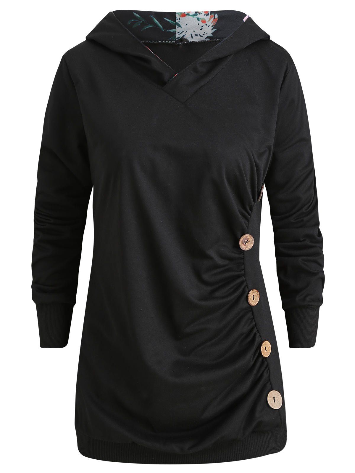 

Printed Panel Button Pullover Hoodie, Black
