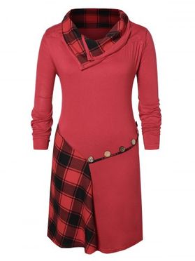 Plus Size Buttons Checked Knee Length Dress