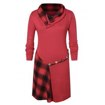 

Plus Size Buttons Checked Knee Length Dress, Red wine