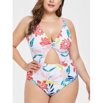 

Plus Size Floral Print Cut Out One-piece Swimwear, White