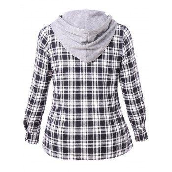 

Plus Size Color Block Plaid Hooded Shirt, Black