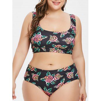 

Plus Size U Neck Floral Print Bikini Set, Black