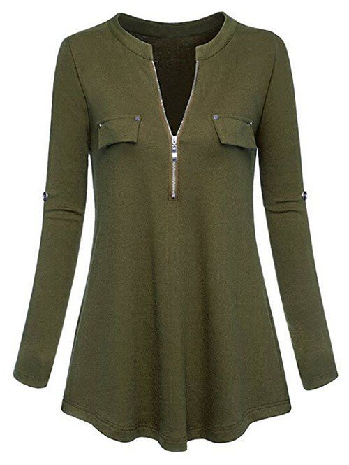 Stand Collar Faux Pocket Solid Top - ARMY GREEN M