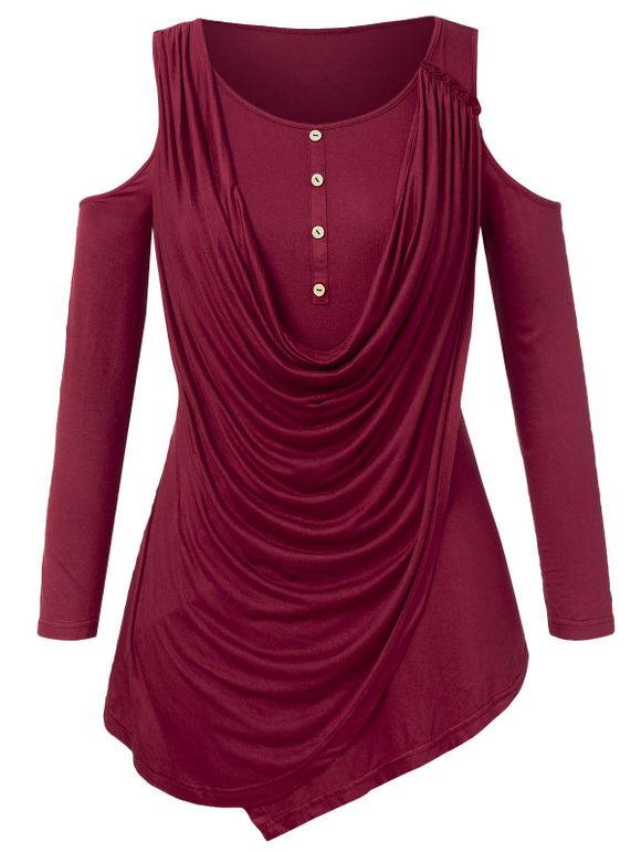 T-shirt Superposé Epaule Dénudée Grande Taille - Rouge Vineux 5X