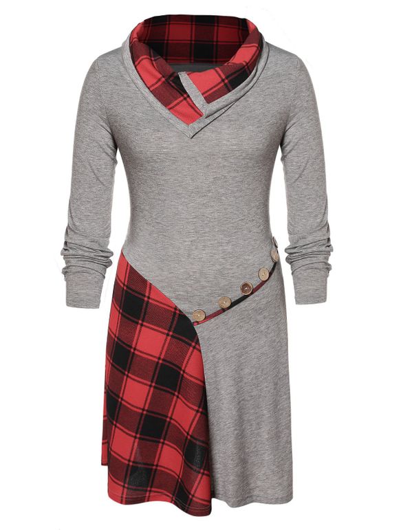 Robe Longueur à Genou à Carreaux avec Boutons de Grande Taille - Gris L
