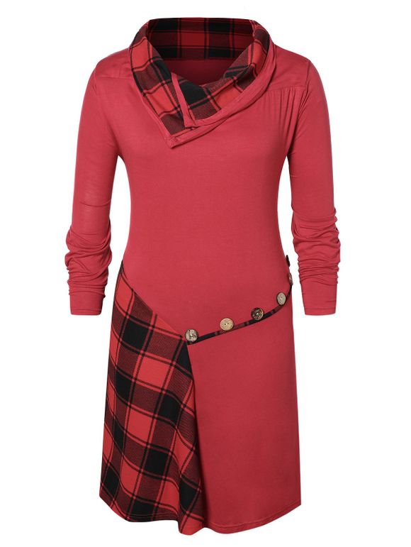 Robe Longueur à Genou à Carreaux avec Boutons de Grande Taille - Rouge Vineux 1X