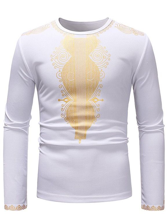 T-shirt Style Africain Imprimé Manches Longues à Col Rond - Blanc S