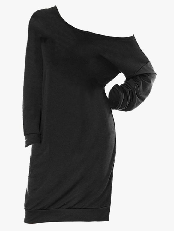 Robe Droite Manches Longues de Grande Taille à Col Oblique - Noir 3X