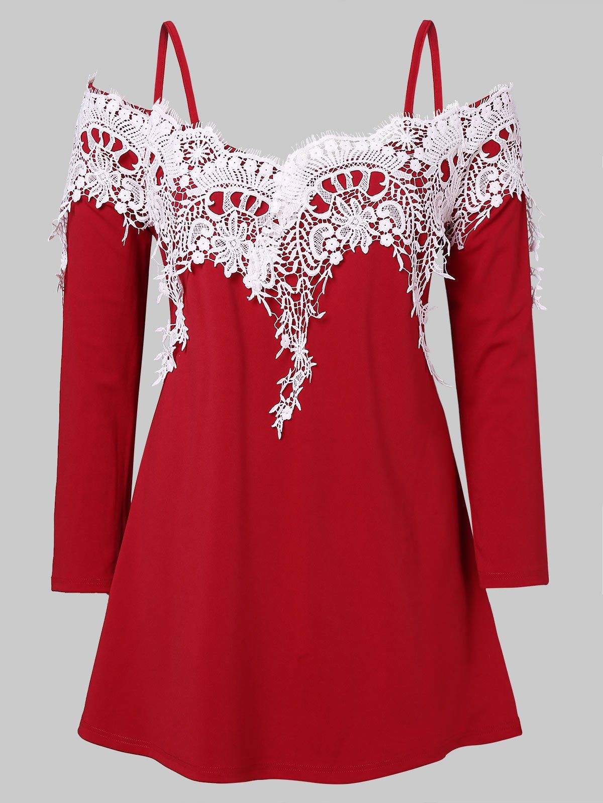 

Plus Size Open Shoulder Lace Panel T-shirt, Red wine