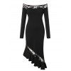 Robe Moulante Asymétrique en Dentelle Insérée à Epaule Dénudée de Grande Taille - Noir 1X