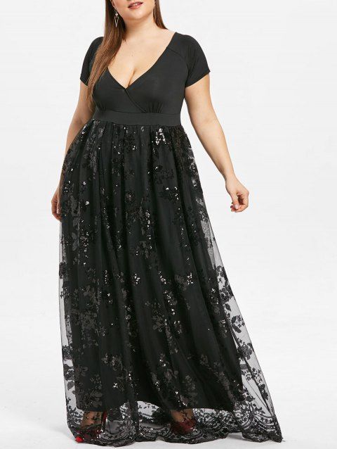 [41% OFF] 2019 Plus Size Sequined Floral Maxi Formal Dress In BLACK ...