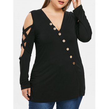 

Plus Size Open Shoulder Buttons Criss Cross T-shirt, Black