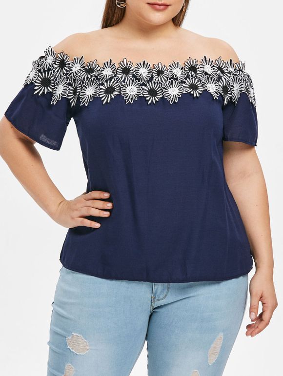 T-shirt Applique Epaule Dénudée de Grande Taille - Bleu 4X