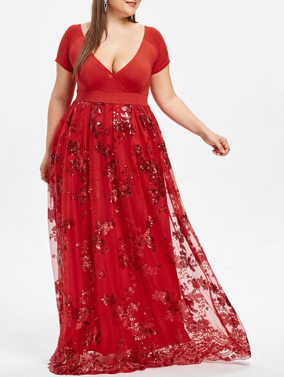 Plus Size Sparkly Sequined Floral Maxi Formal Dress - RED WINE XL