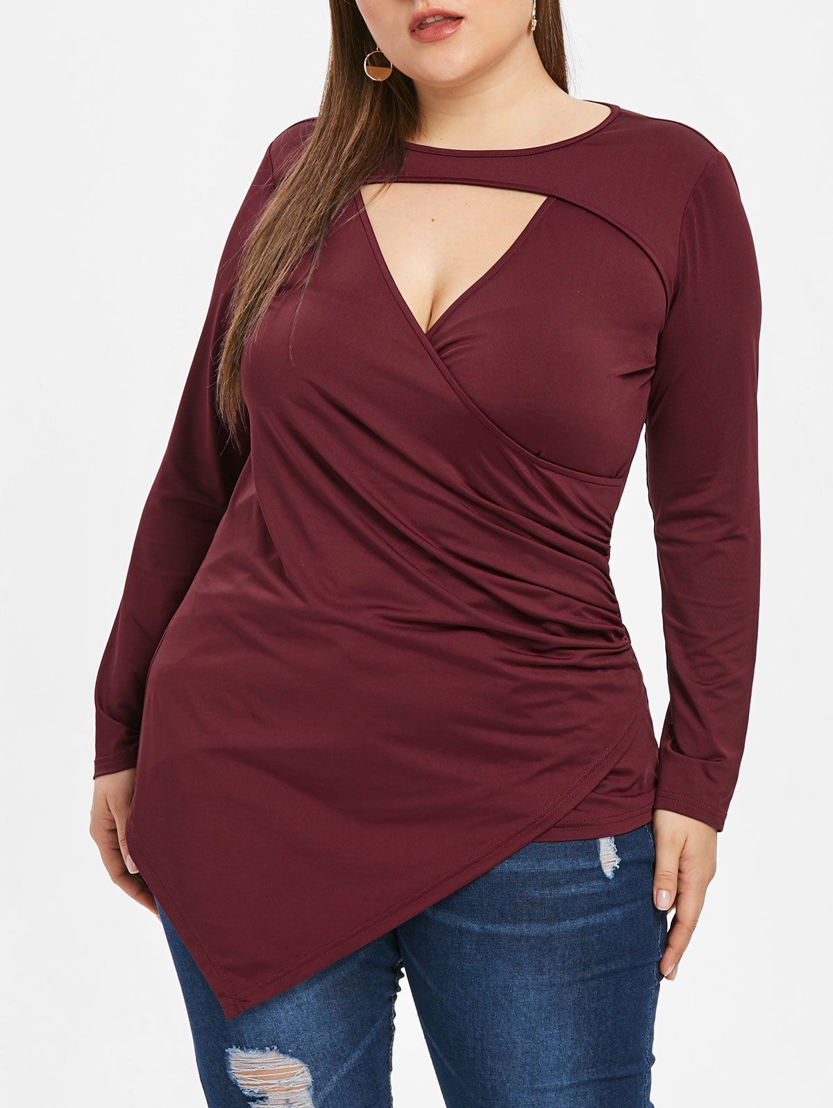 

Front Cut Out Plus Size Asymmetrical T-shirt, Red wine