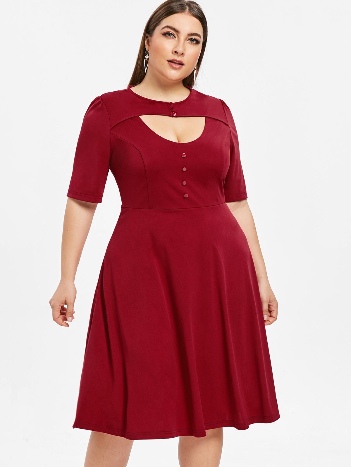 [29% OFF] 2020 Round Neck Plus Size Cut Out Fit And Flare Dress In RED ...