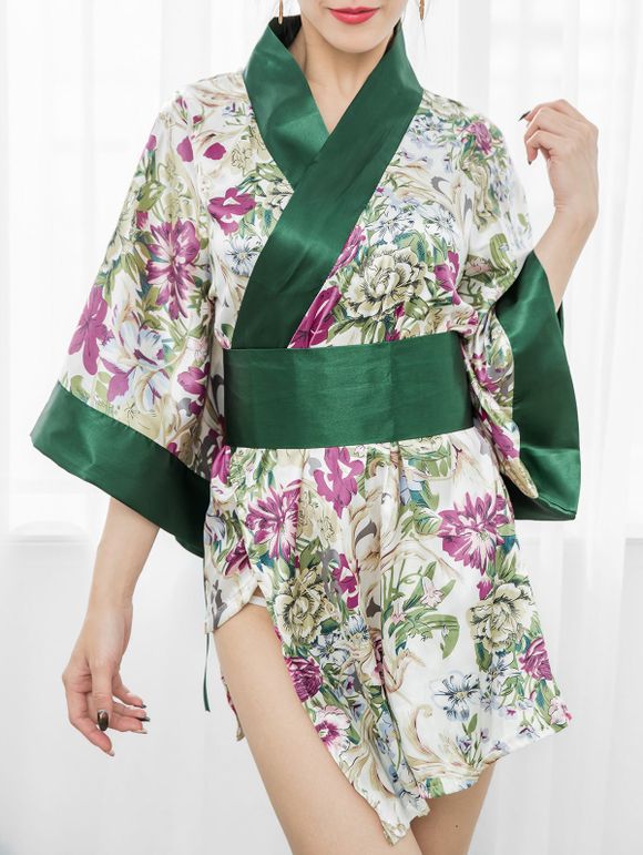 Kimono Nuisette Fleuri Imprimé avec Nœud Papillon - Vert ONE SIZE