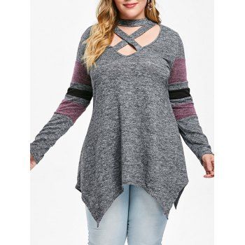 

Plus Size Criss Cross Striped Sleeve Asymmetrical T-shirt, Gray