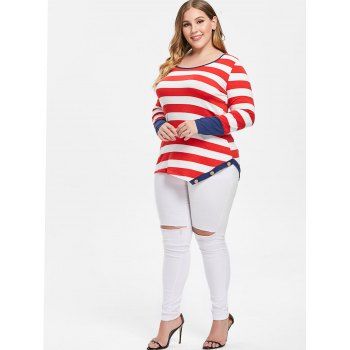 

Plus Size Striped Buttons Long Sleeves T Shirt, Red