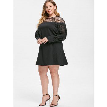 

Plus Size Fishnet Insert Puff Sleeve Dress, Black