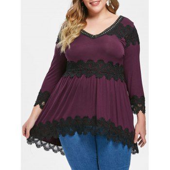 

Plus Size Color Block Lace Trim Top, Red