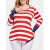T-shirt Rayé avec Boutons de Grande Taille à Manches Longues - Rouge 2X