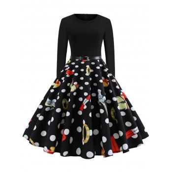 

Polka Dot Print Long Sleeve Rockabilly Style High Waist Dress, Black
