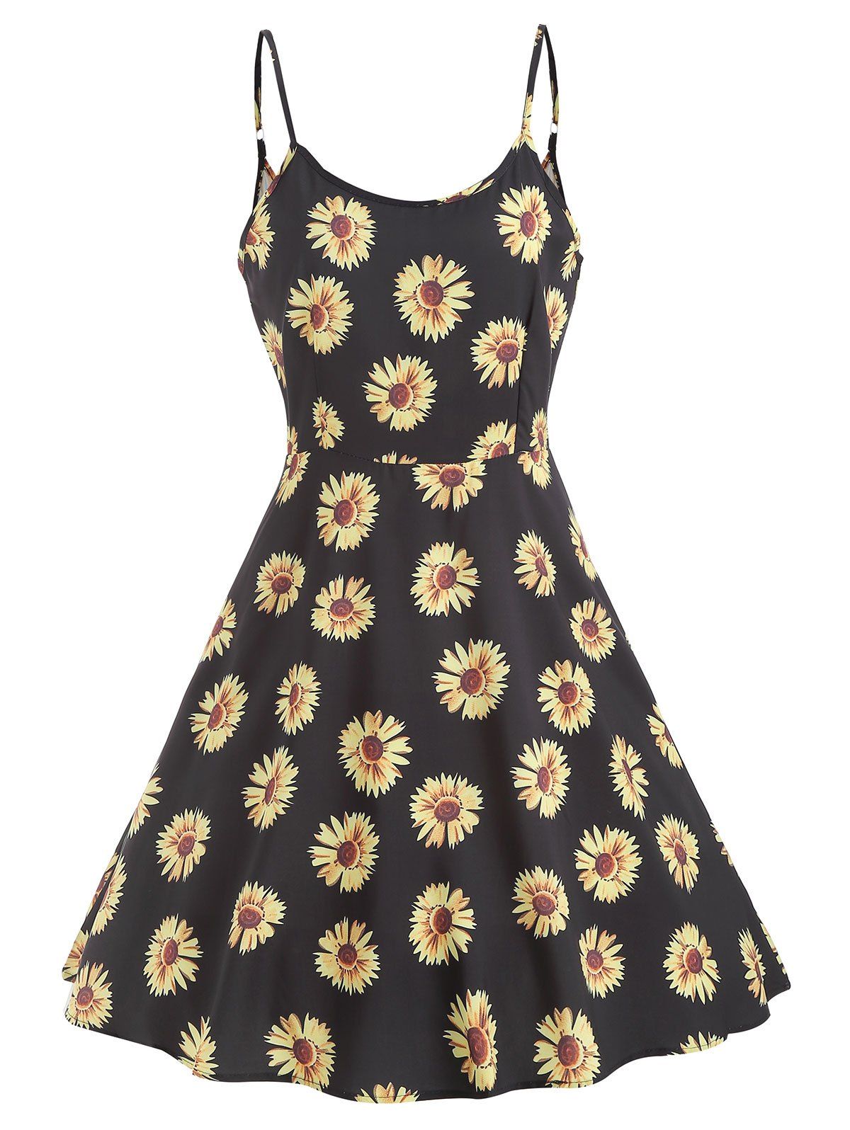 Sunflower Print High Waist Mini Dress - BLACK M