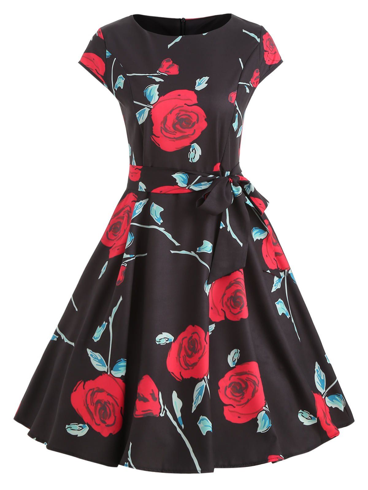 High Waist Rose Print Flare Dress - multicolor M