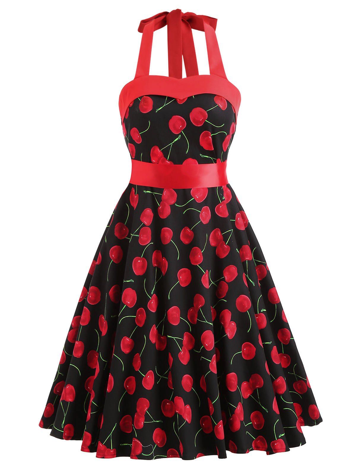 Cherry Print Lace Up Belted Dress - RED M