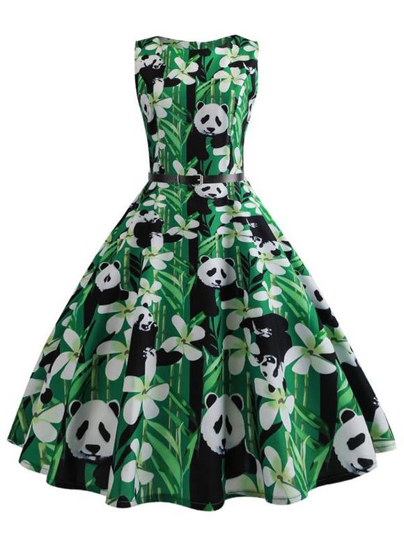 Col rond imprimé panda une robe de ligne - Vert Foncé M