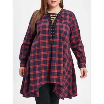 

Plus Size Lace Up Plaid Asymmetrical Shirt, Multicolor