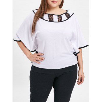 Plus Size Batwing Sleeve Lace Panel T-shirt, White