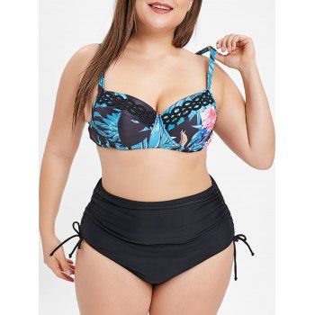 

High Wait Printed Plus Size Underwire Bikini Set, Silk blue