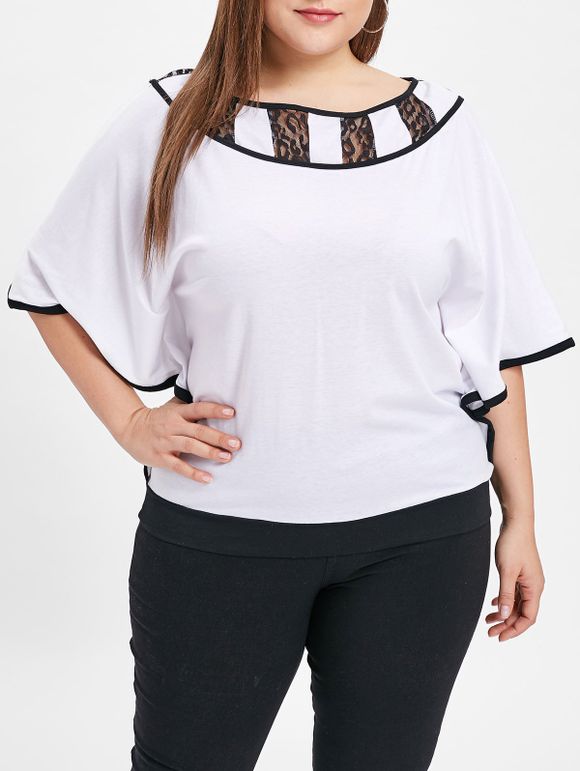 T-shirt Panneau en Dentelle de Grande Taille à Manches Chauve-souris - Blanc 3X