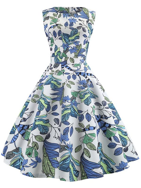 Tropical Leaf Print Vintage Dress - multicolor M