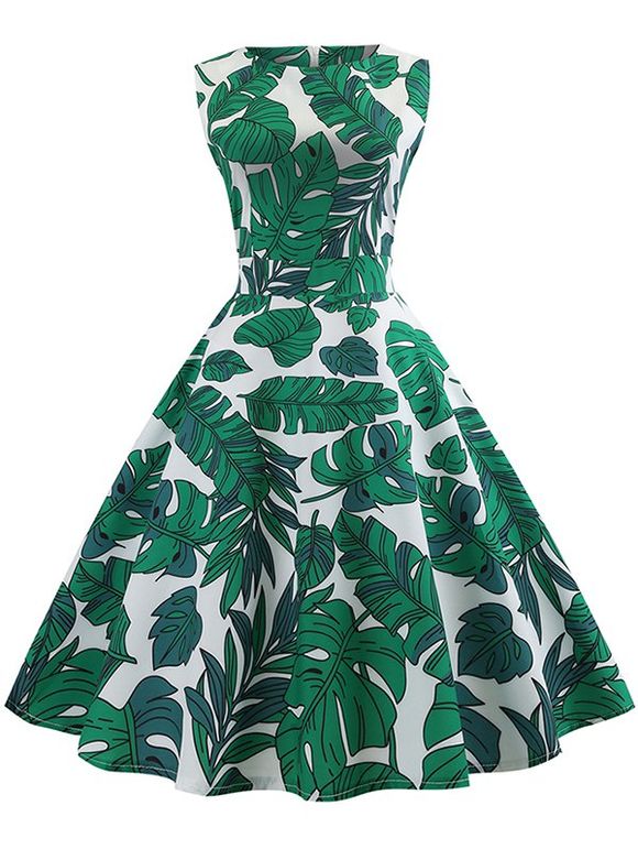 Vintage Tropical Leaf Print Dress - MEDIUM SPRING GREEN L