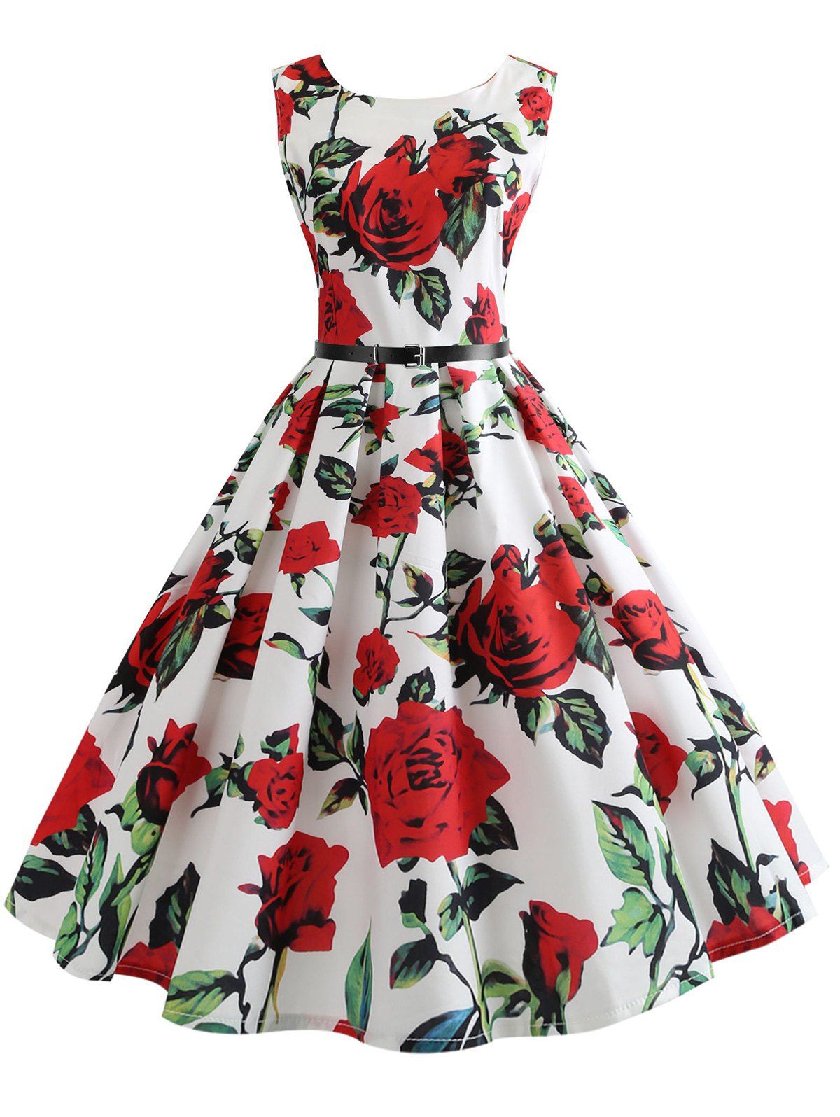 Belted Vintage Sleeveless Floral Print Dress - RED M
