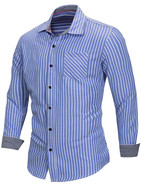 Chemise Boutonnée Rayée Imprimé à Manches Longues avec Poche - Bleu Ciel XL