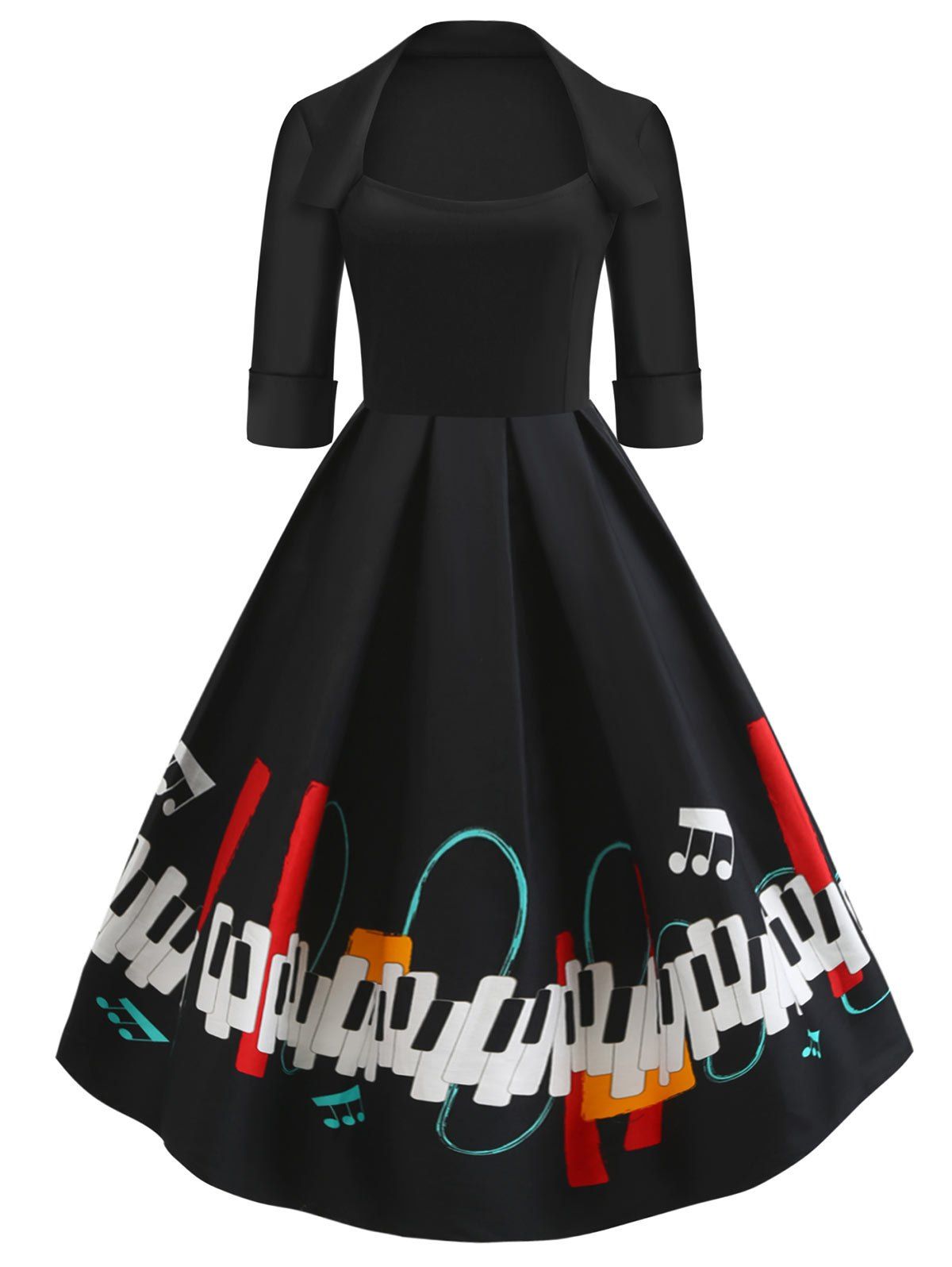 Vintage Piano Key Print Dress - BLACK M